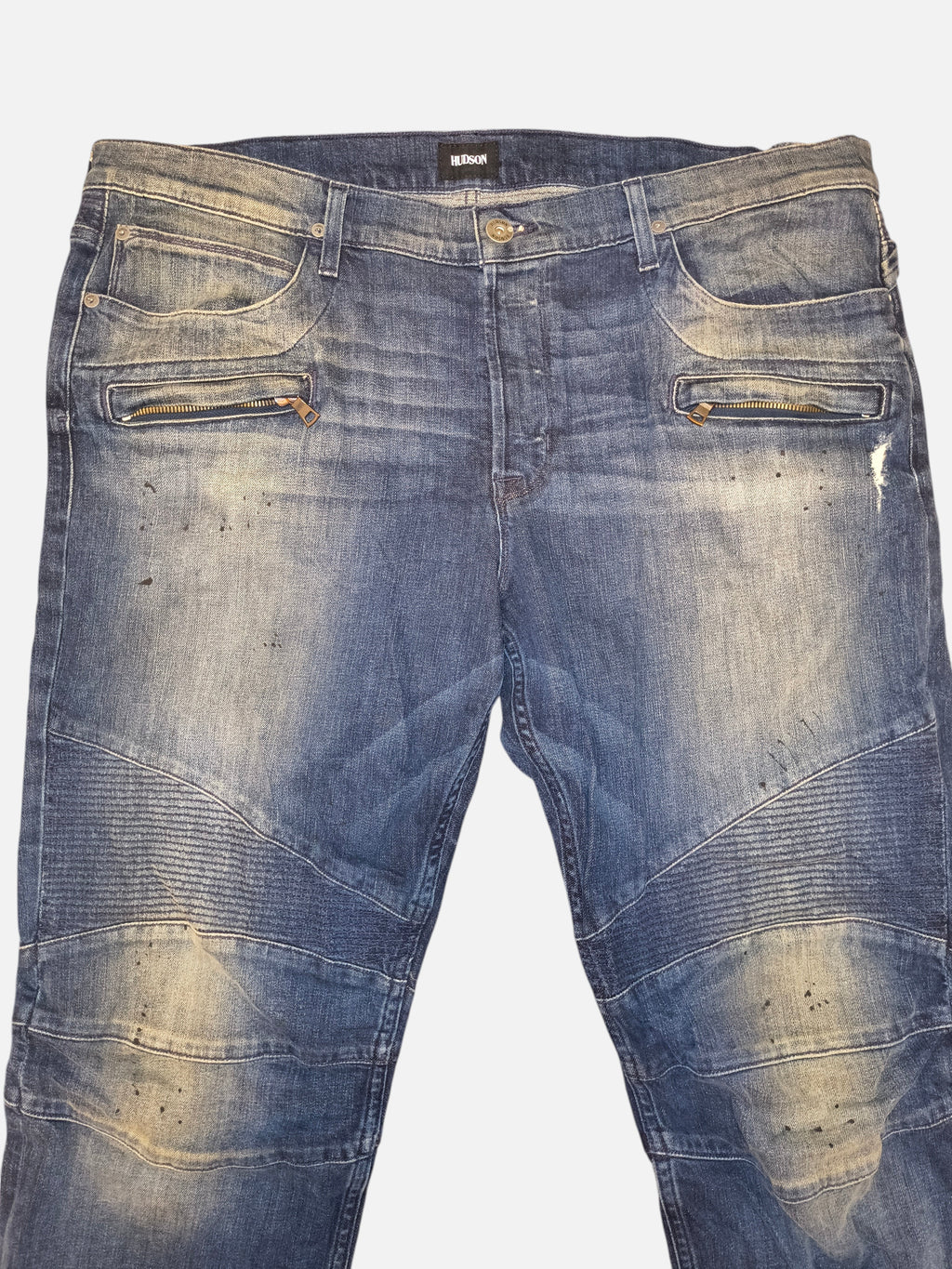 Awsum Thrift Hudson Jeans size 40 in distressed blue denim with moto-style ribbed knees and front zipper pockets.