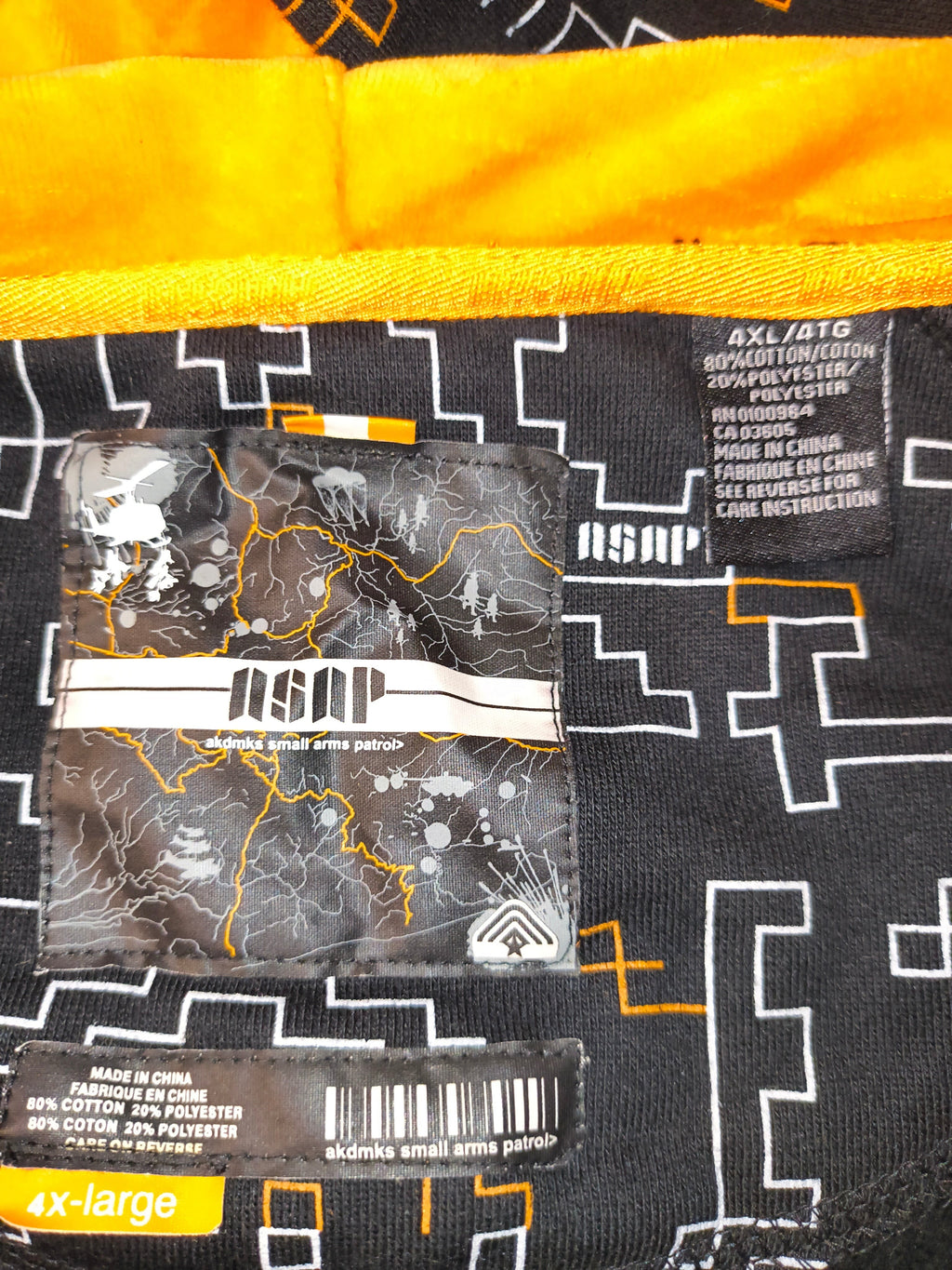 Awsum Thrift vintage Akademiks Small Arms Patrol fleece jacket interior label with size 4XL and brand logo details