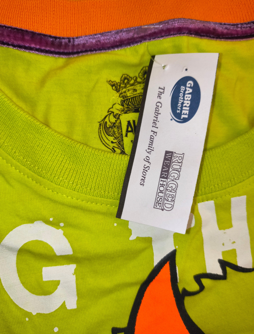 Awsum Thrift Akademiks lime green graphic tee with orange collar trim and original store tags