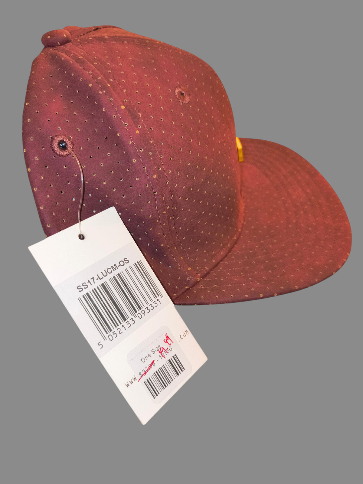 Awsum Thrift King Apparel maroon perforated faux-leather snapback hat with gold metal logo plate and retail tag