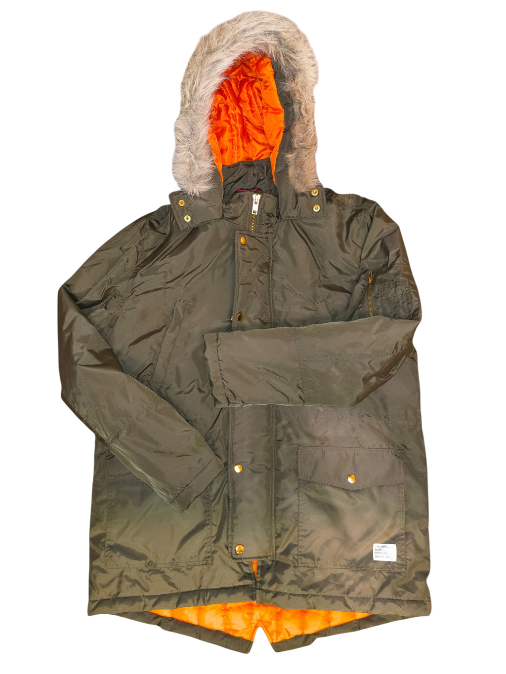 Awsum Thrift green parka coat with bright orange lining and a faux fur hood trim, featuring gold-tone snap buttons.