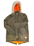 Awsum Thrift green parka coat with bright orange lining and a faux fur hood trim, featuring gold-tone snap buttons.