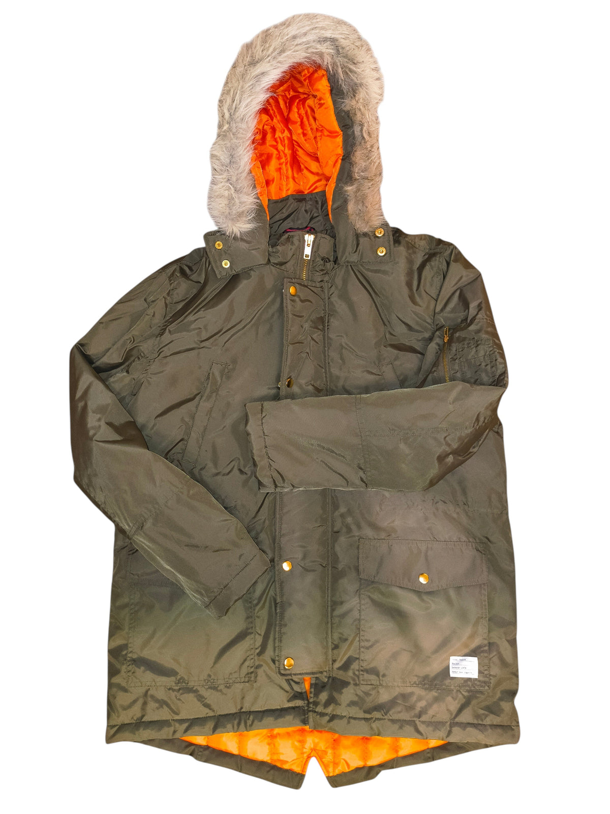 Awsum Thrift green parka coat with bright orange lining and a faux fur hood trim, featuring gold-tone snap buttons.