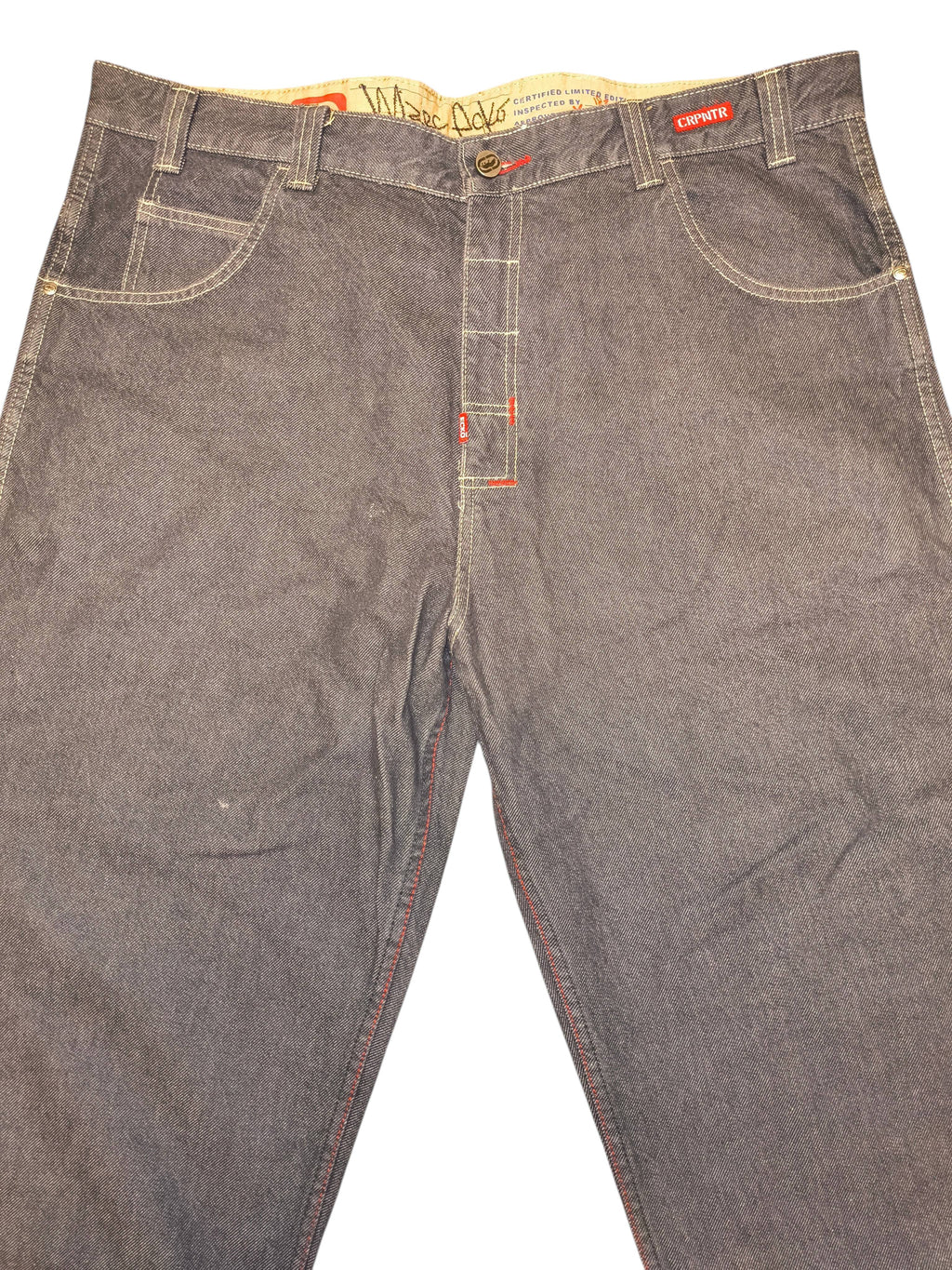Awsum Thrift Ecko Jeans in dark grey denim with contrast red stitching and carpenter style detailing