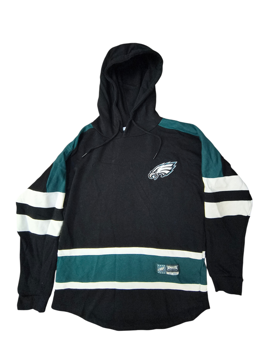 Awsum Thrift Philadelphia Eagles jersey hoodie in black and midnight green with white striped sleeves and chest logo