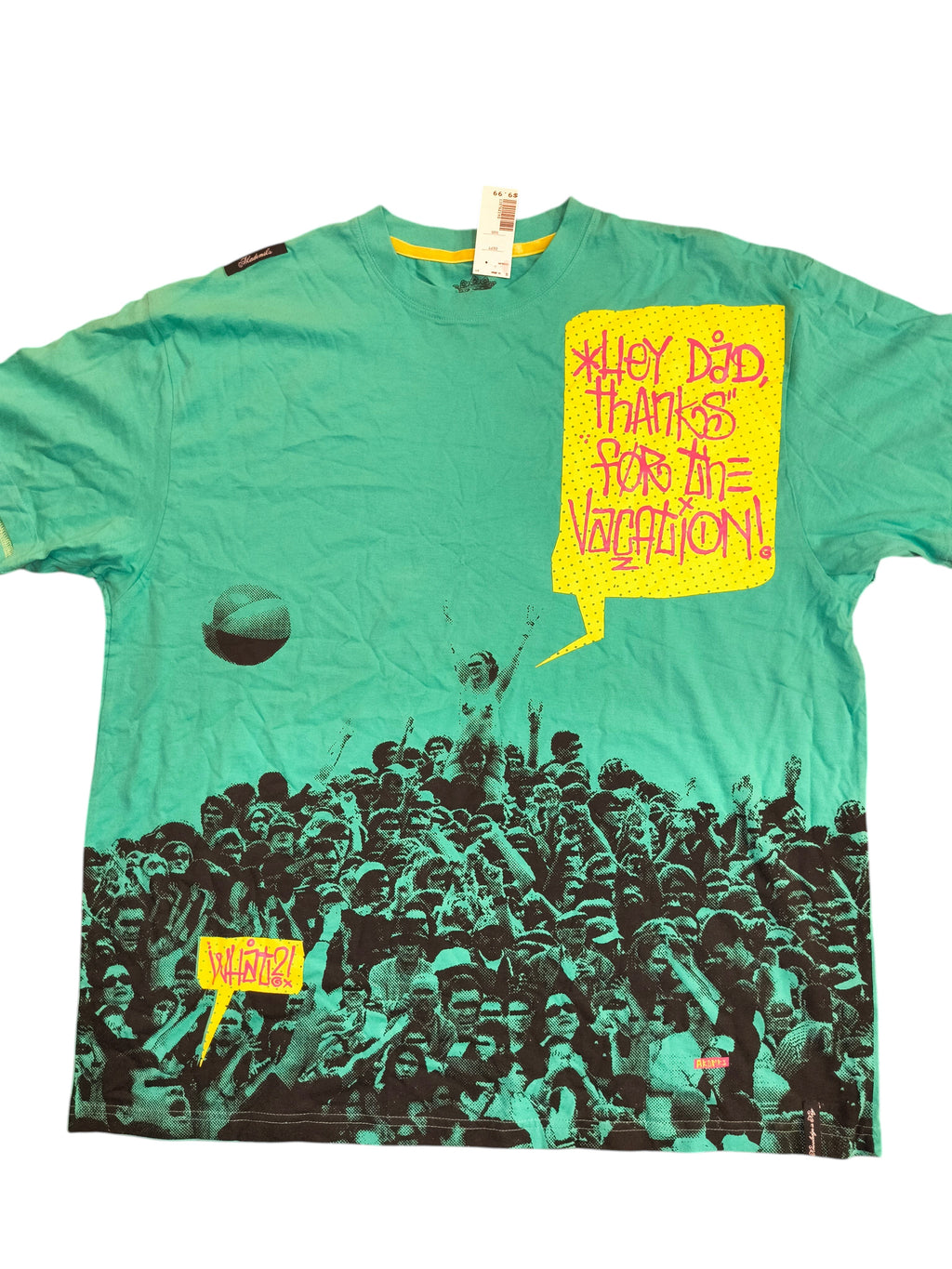 Awsum Thrift Akademiks teal cotton crewneck t-shirt with Y2K crowd-surfing graphic and yellow speech bubble text