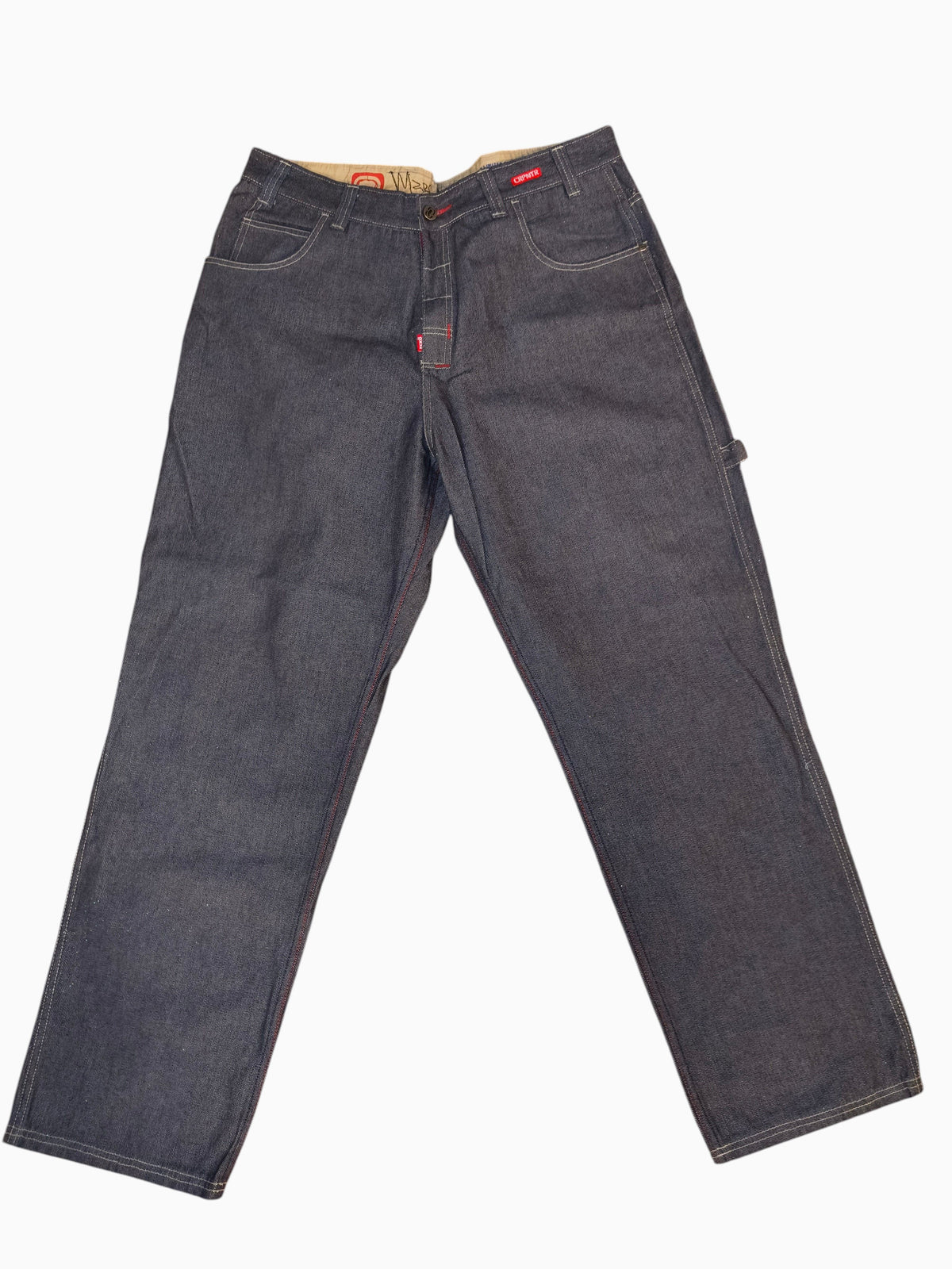 Awsum Thrift vintage Marc Ecko dark indigo raw denim carpenter jeans with red contrast stitching and logo details.