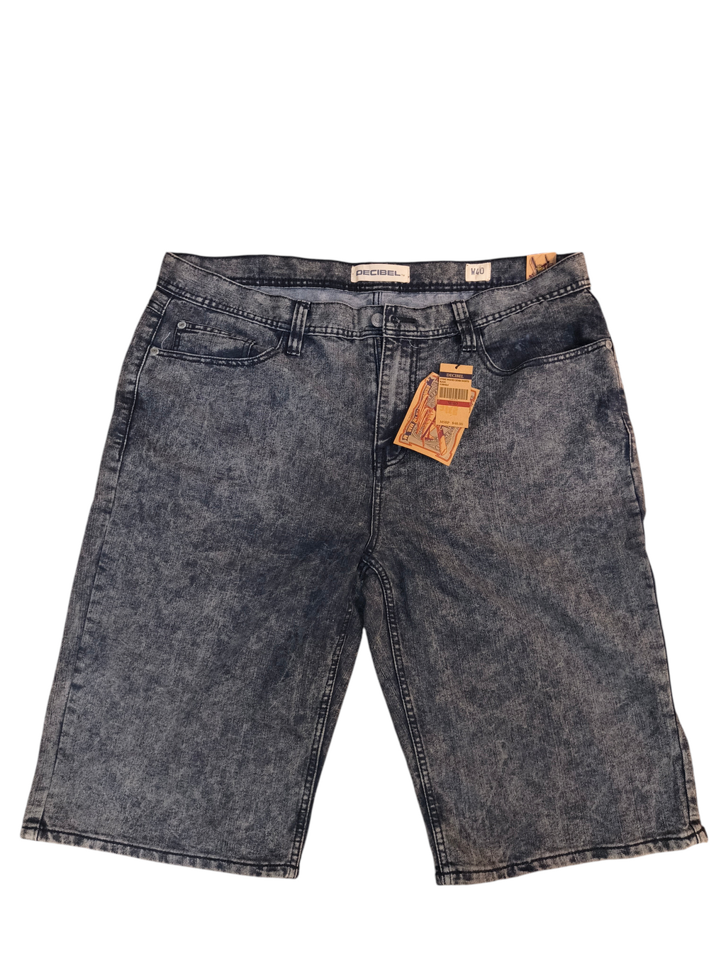 Awsum Thrift Decibel black stone washed denim shorts with 5-pocket styling and original retail tags attached.