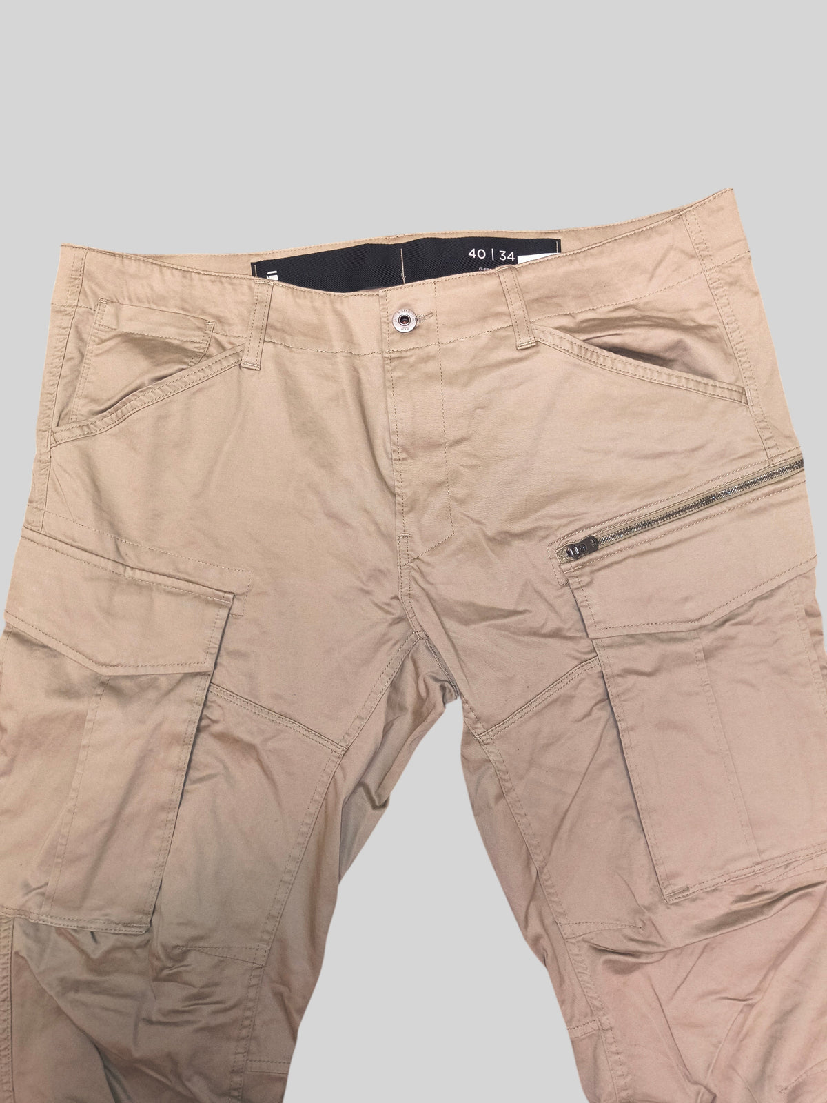 Awsum Thrift G-Raw khaki cargo pants with side zip pocket and utility design