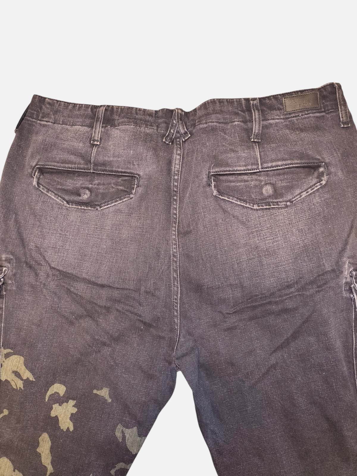 Awsum Thrift Hudson shorts in faded black denim with back flap pockets and subtle camouflage print detail