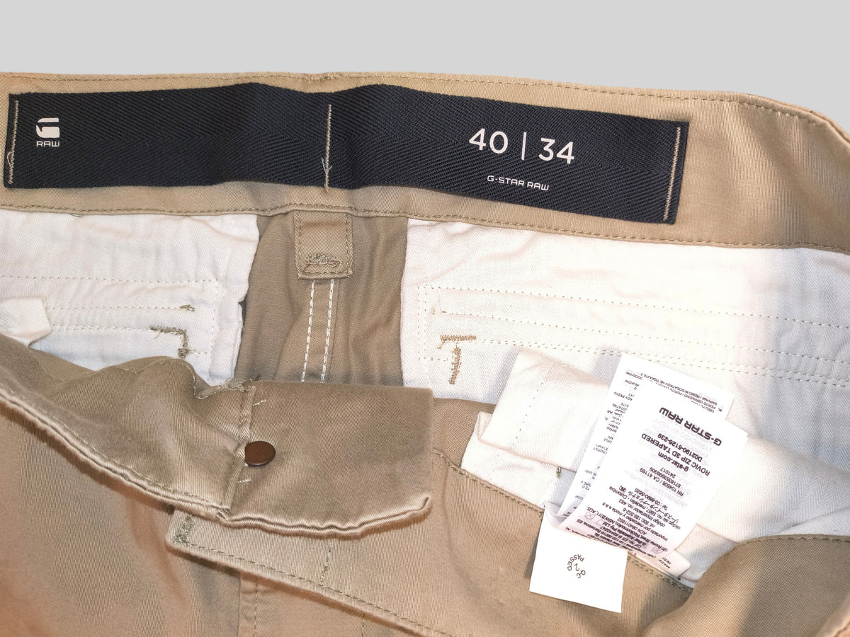 Awsum Thrift G-Raw beige cotton pants with size 40 34 label and G-Star Raw interior branding