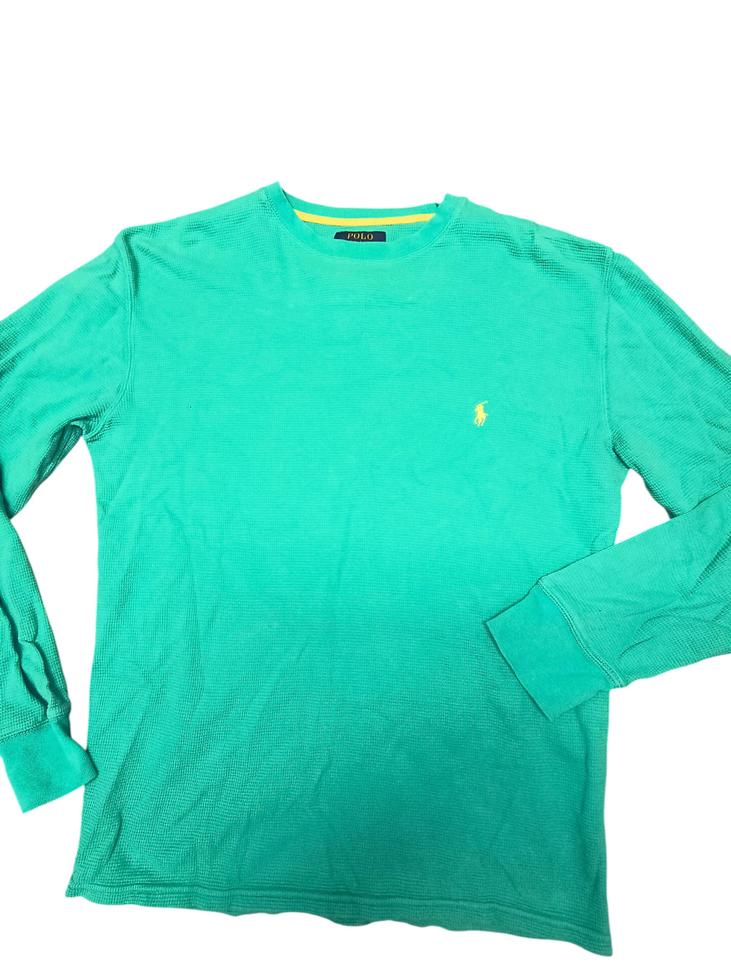 Awsum Thrift green long-sleeve thermal polo shirt with yellow embroidered logo and contrasting yellow neck trim