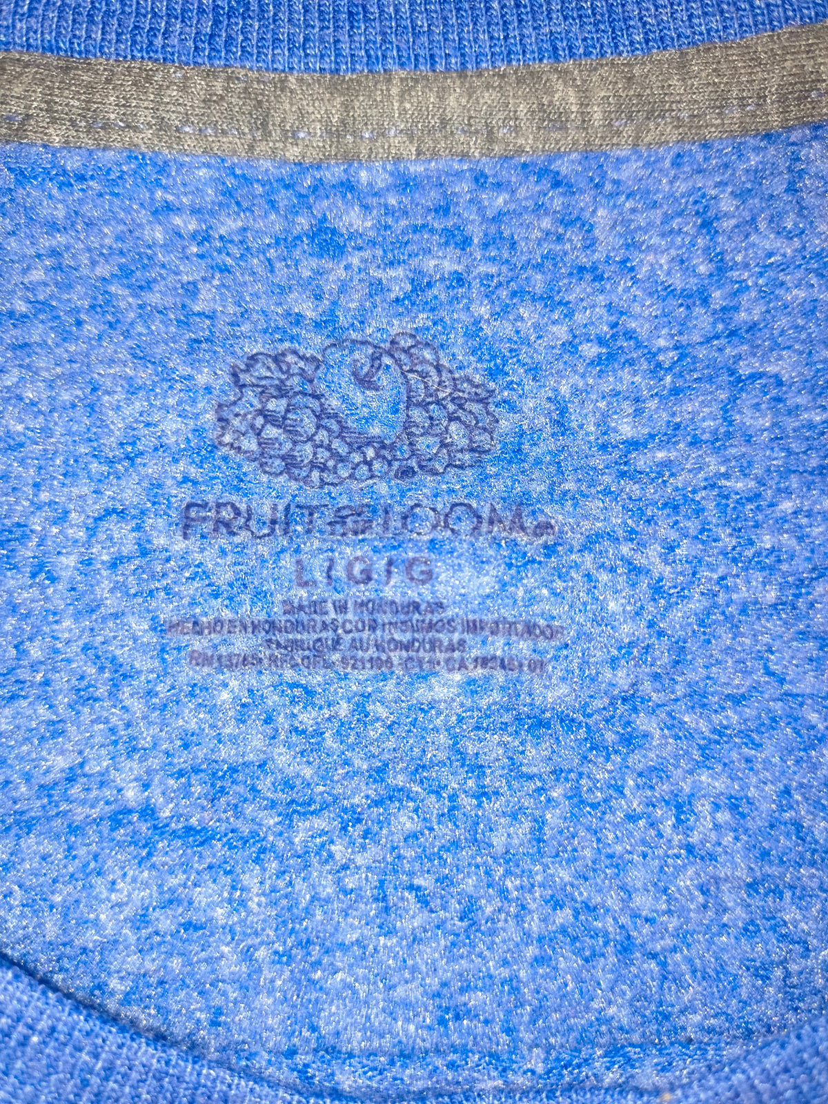Awsum Thrift Fruit of the Loom blue heather crewneck sweatshirt interior neck label showing size large