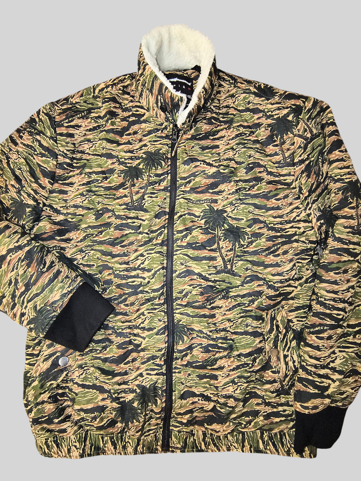 Awsum Thrift The Hundreds Tiger Palms camo bomber jacket with cream sherpa collar and black ribbed cuffs