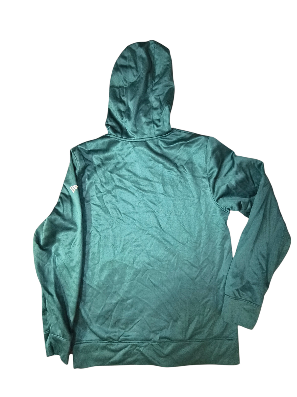 Awsum Thrift Philadelphia Eagles New Era midnight green tech fleece hoodie, back view with stitched sleeve logo.