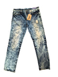 Awsum Thrift Scout Denim acid dark blue distressed slim jeans with a shredded thigh patch and original tags attached.