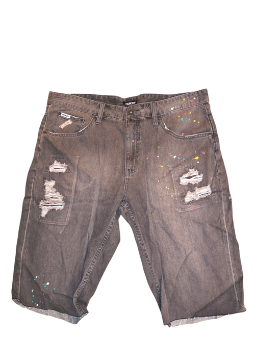 Awsum Thrift grey denim Truck Fit shorts with distressed rips and colorful paint splatter details