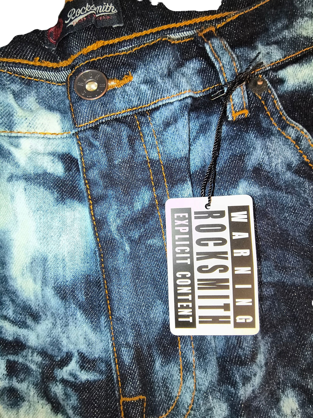 Awsum Thrift Rocksmith NYC indigo bleached tie-dye straight jeans with Warning Explicit Content hangtag