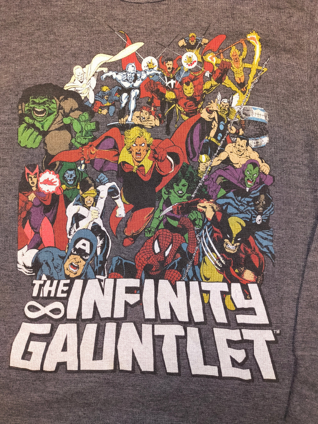 Awsum Thrift grey thermal shirt featuring a vintage Marvel The Infinity Gauntlet comic book character graphic print