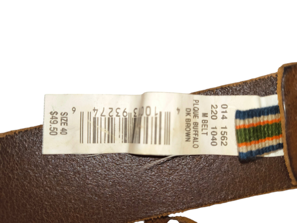 Awsum Thrift vintage Eddie Bauer dark brown leather belt size 40 product tag with barcode and buffalo nickel label