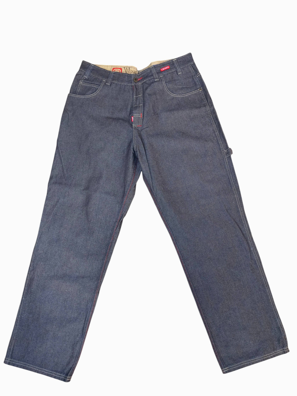 Awsum Thrift vintage Marc Ecko dark indigo denim carpenter jeans with red contrast stitching and logo details.