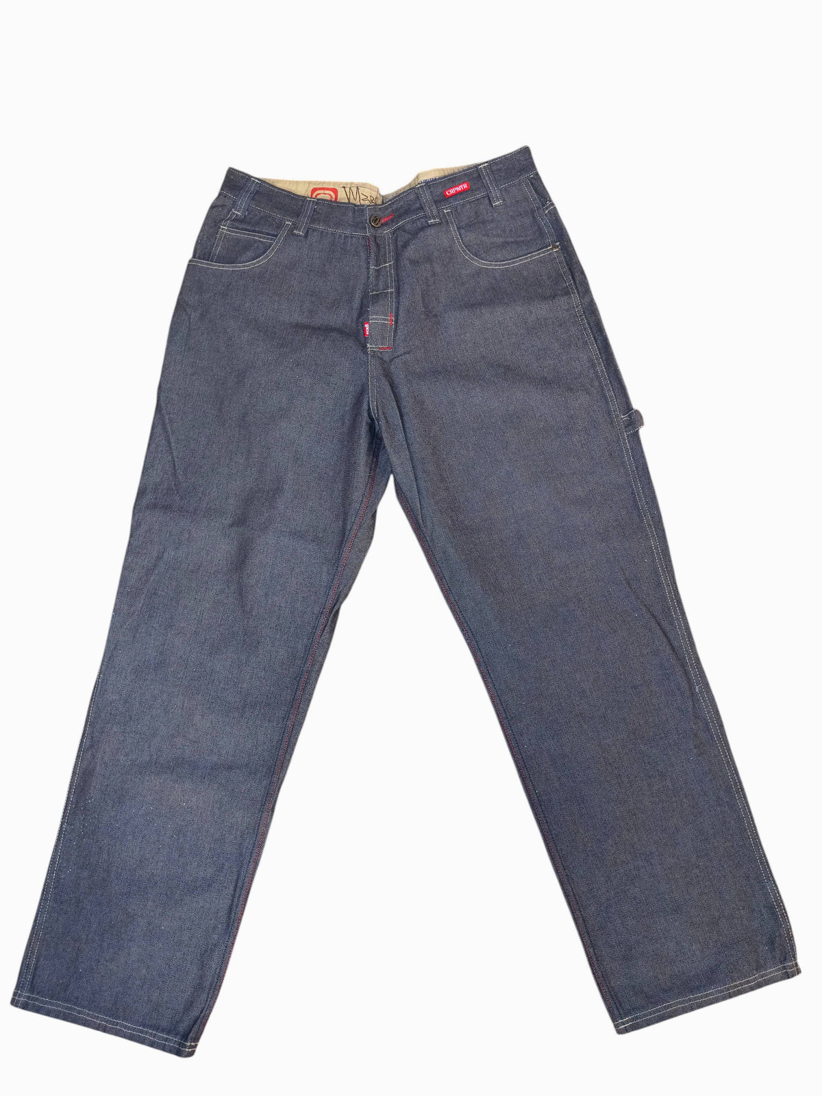 Awsum Thrift vintage Marc Ecko dark indigo denim carpenter jeans with red contrast stitching and logo details.