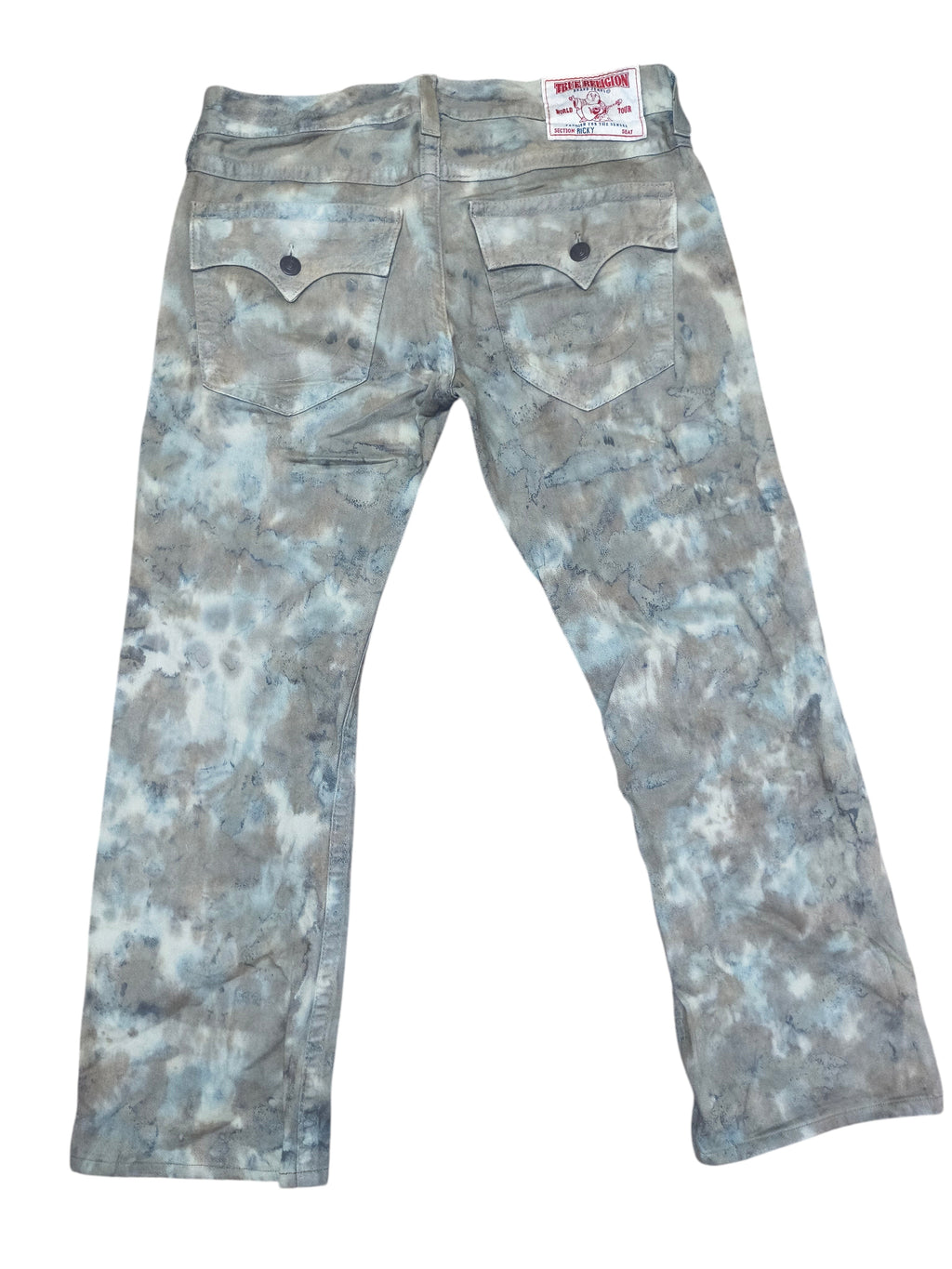 Awsum Thrift True Religion camo print jeans with button-flap back pockets and signature brand label