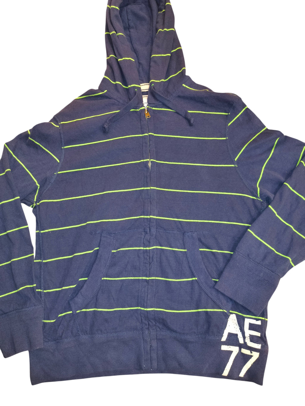 Awsum Thrift American Eagle Outfitters navy blue and neon green striped full-zip cotton hoodie with AE 77 graphic