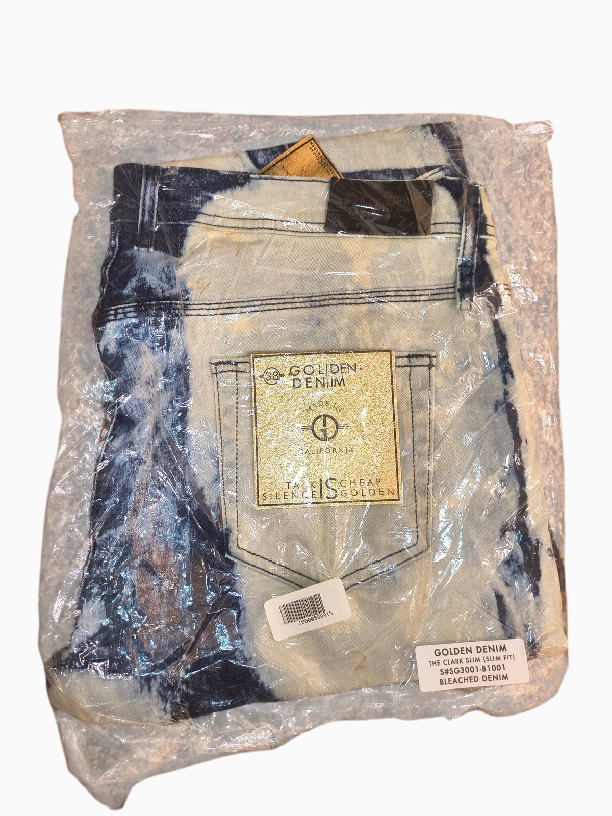 Awsum Thrift Golden Denim The Clark slim fit jeans in bleached indigo tie-dye wash, new with tags in packaging.