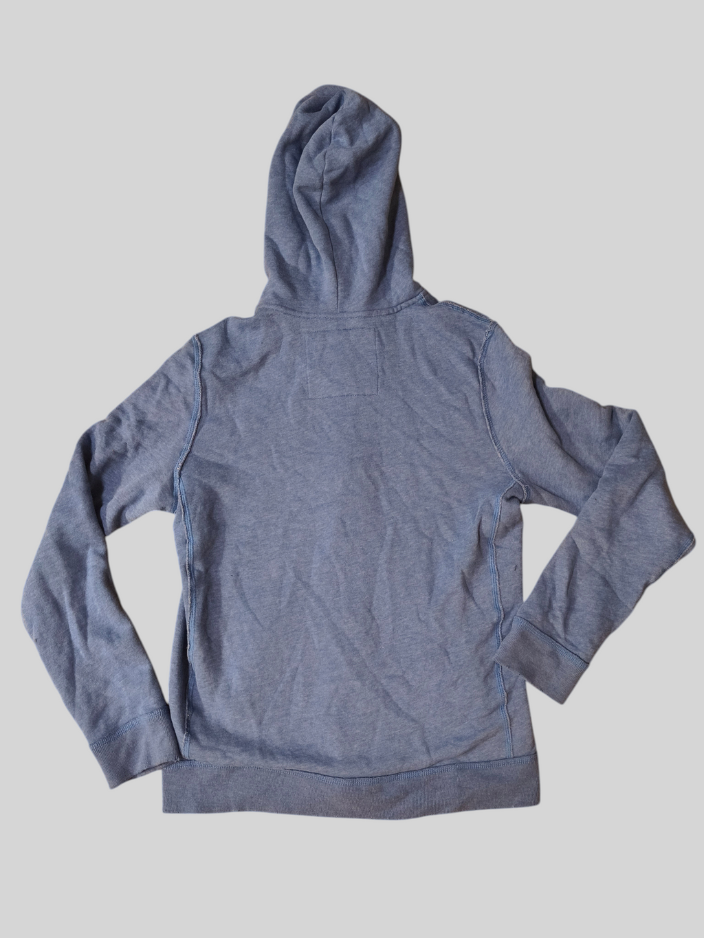 Awsum Thrift vintage Abercrombie & Fitch heather blue fleece full-zip hoodie, back view with raw-edge seam details.