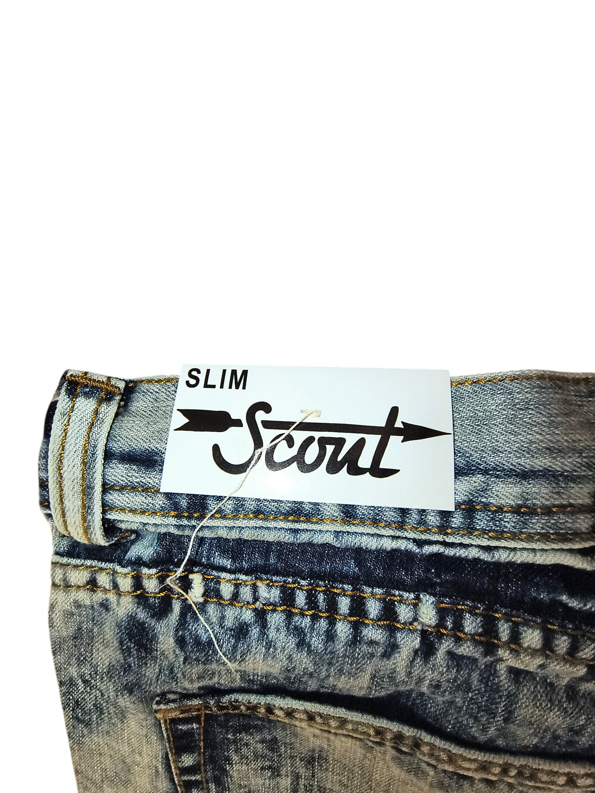 Awsum Thrift Scout Denim slim fit jeans featuring an acid dark blue wash and original brand hangtag attached
