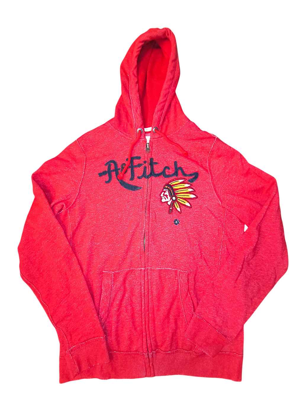 Awsum Thrift vintage Abercrombie & Fitch red fleece full-zip hoodie with chief headdress patch and A. Fitch logo