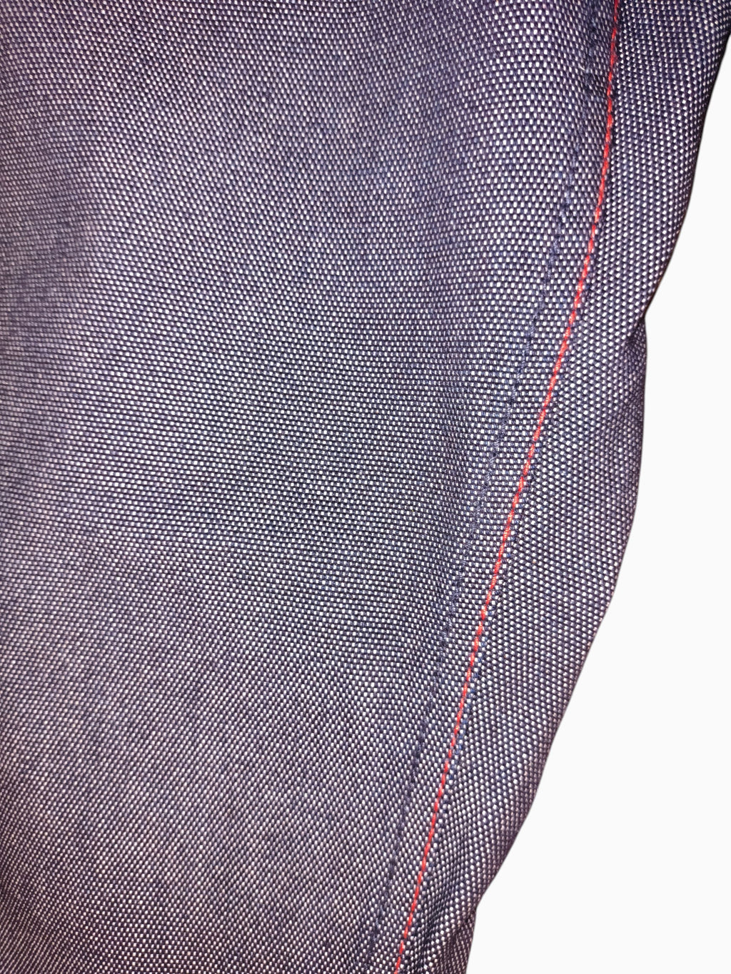 Awsum Thrift Marc Ecko dark indigo raw denim with red contrast stitching and heavy cross-hatch texture