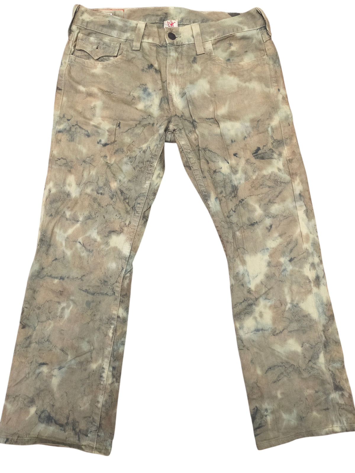 Awsum Thrift True Religion camo print jeans in a faded beige and grey tie-dye style pattern