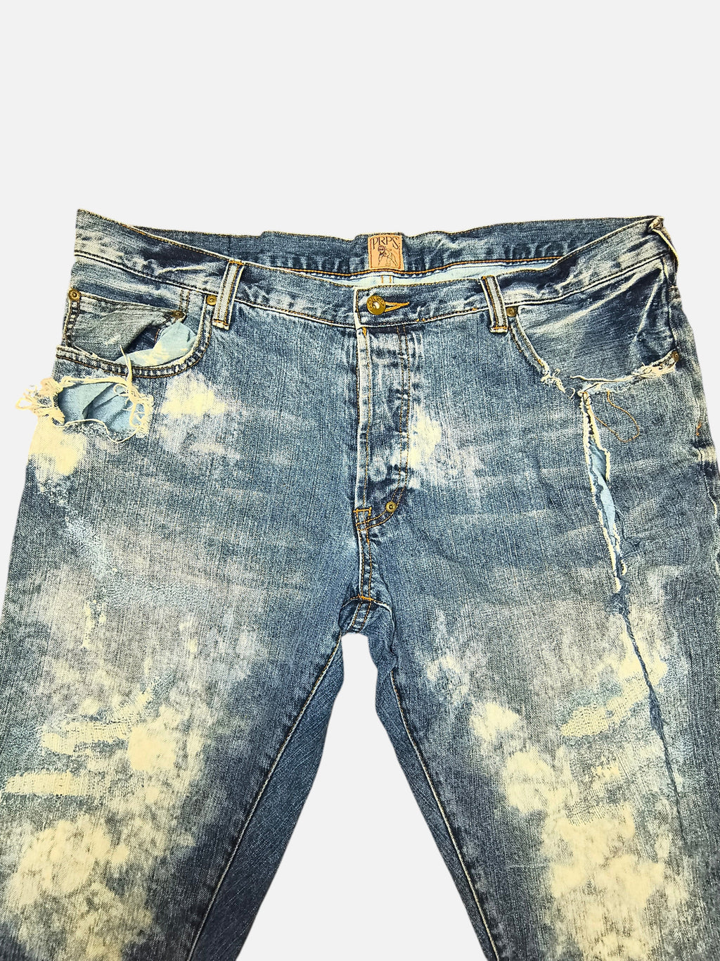 Awsum Thrift PRPS denim shorts in distressed blue wash with heavy fading, frayed edges, and button fly closure.