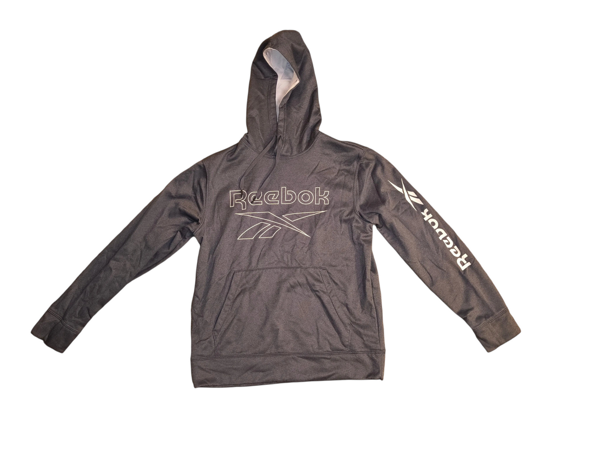 Awsum Thrift Reebok heather gray performance pullover hoodie with white outlined logo on chest and left sleeve