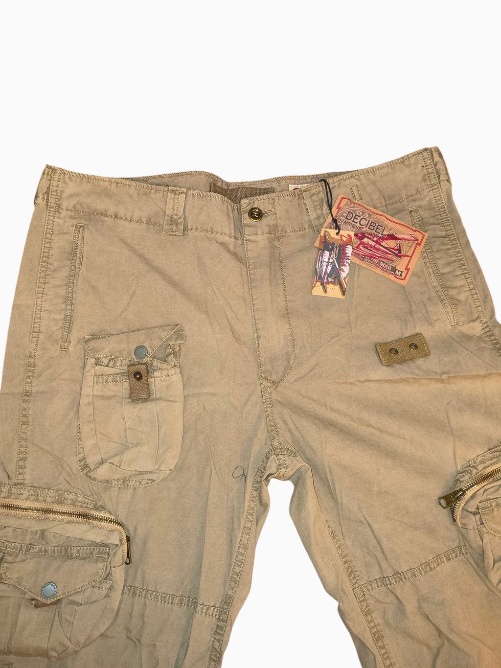Awsum Thrift Decibel khaki tan cotton canvas tactical cargo pants with multi-pocket utility design and retail tags