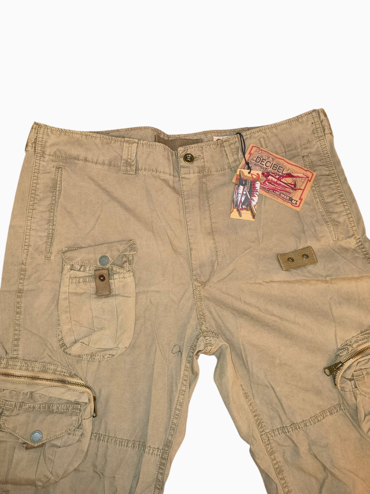 Awsum Thrift Decibel khaki tan cotton canvas tactical cargo pants with multi-pocket utility design and retail tags
