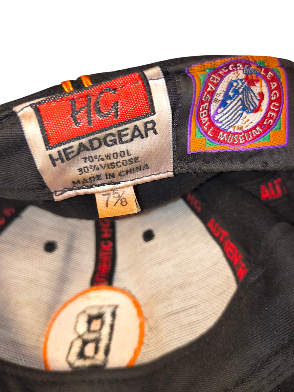 Awsum Thrift vintage HG Headgear Baltimore Black Sox hat interior label showing size 7 5/8 and museum patch