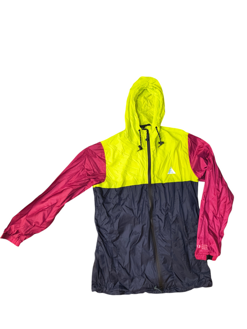 Awsum Thrift All Good colorblock windbreaker with neon yellow, navy blue, and burgundy panels and drawstring hood.