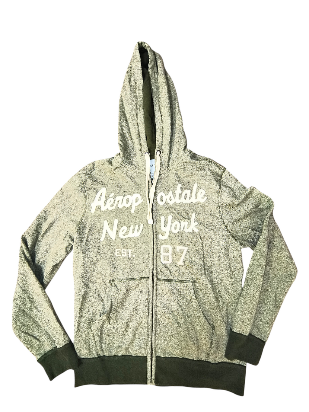 Awsum Thrift olive green heather fleece full-zip hoodie with cream Aéropostale collegiate lettering and drawstrings