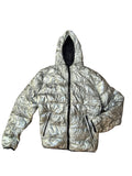 Awsum Thrift American Eagle metallic silver foil hooded puffer jacket with quilted texture and full-zip front.