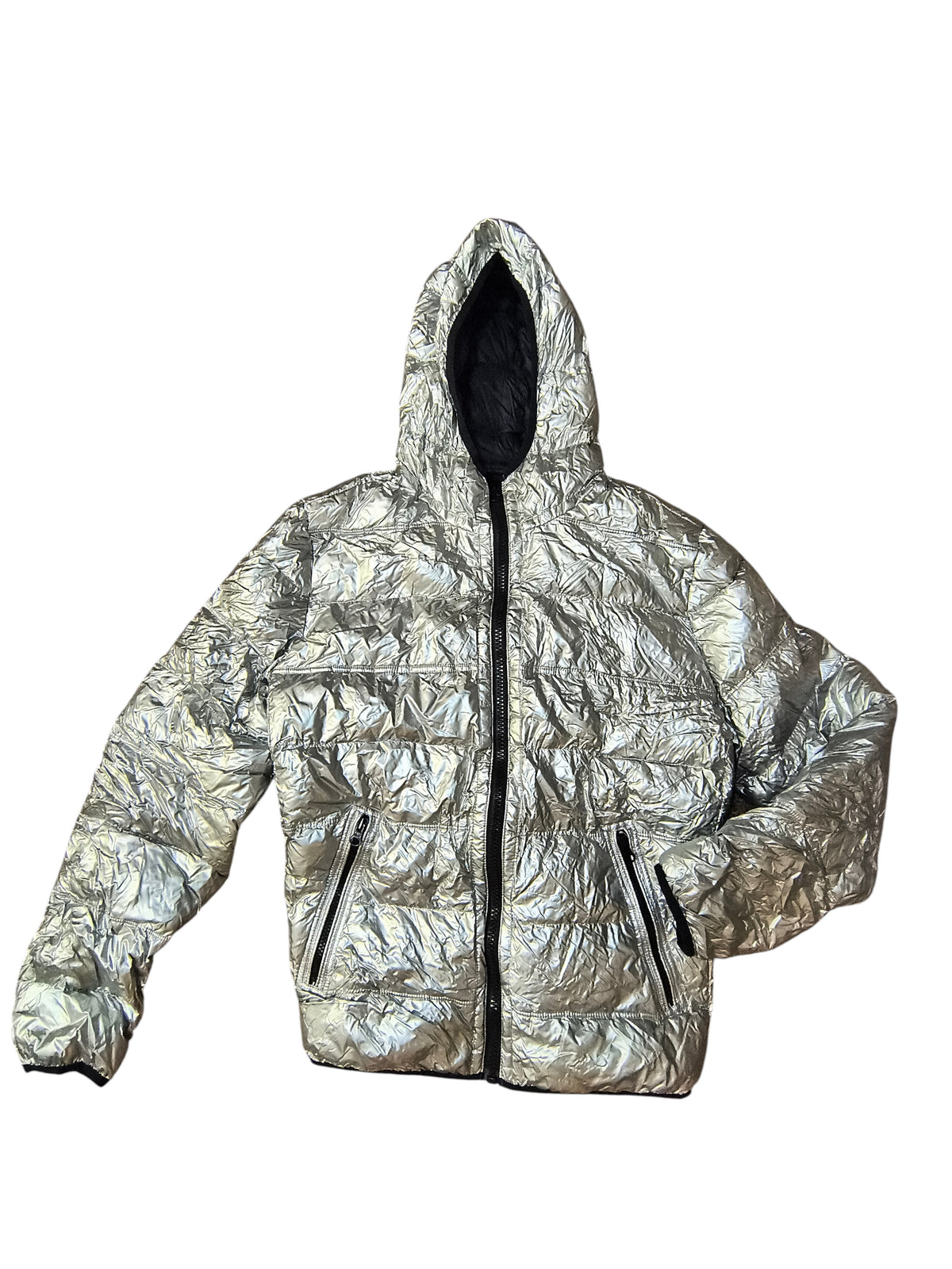 Awsum Thrift American Eagle metallic silver foil hooded puffer jacket with quilted texture and full-zip front.