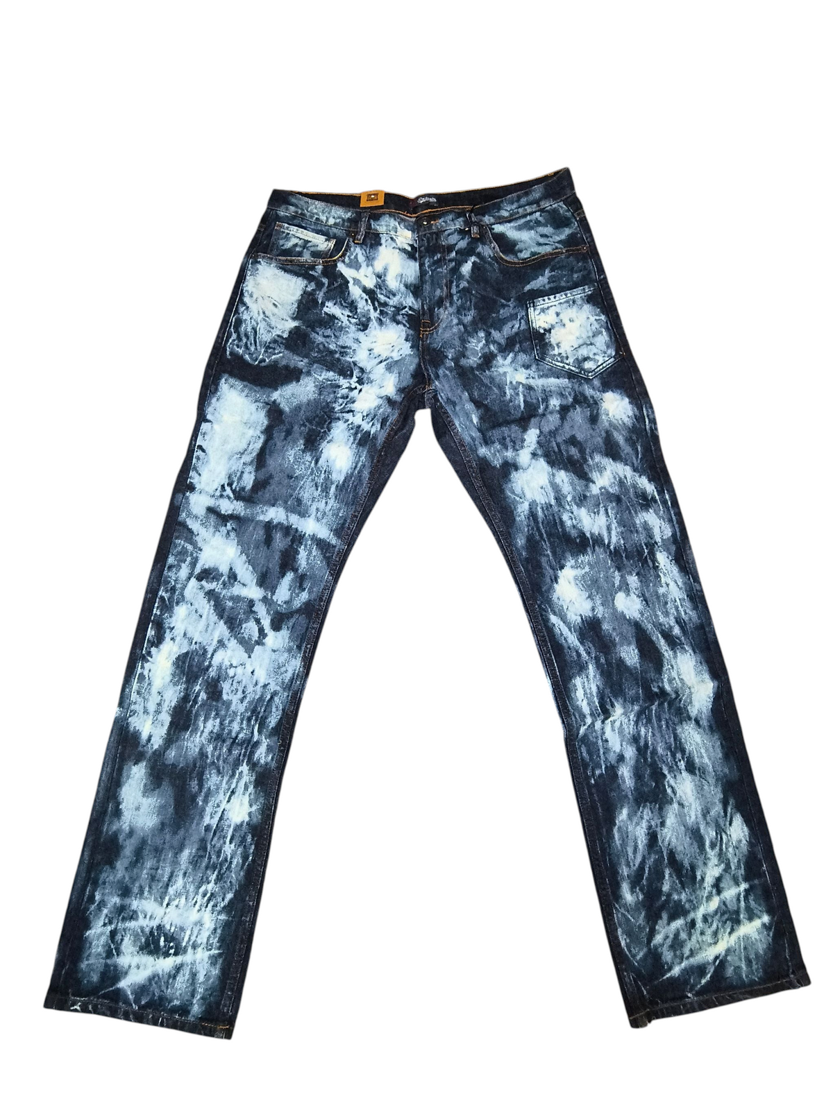 Awsum Thrift Rocksmith NYC men's straight leg jeans featuring a dark indigo and bleached tie-dye cloud wash effect.