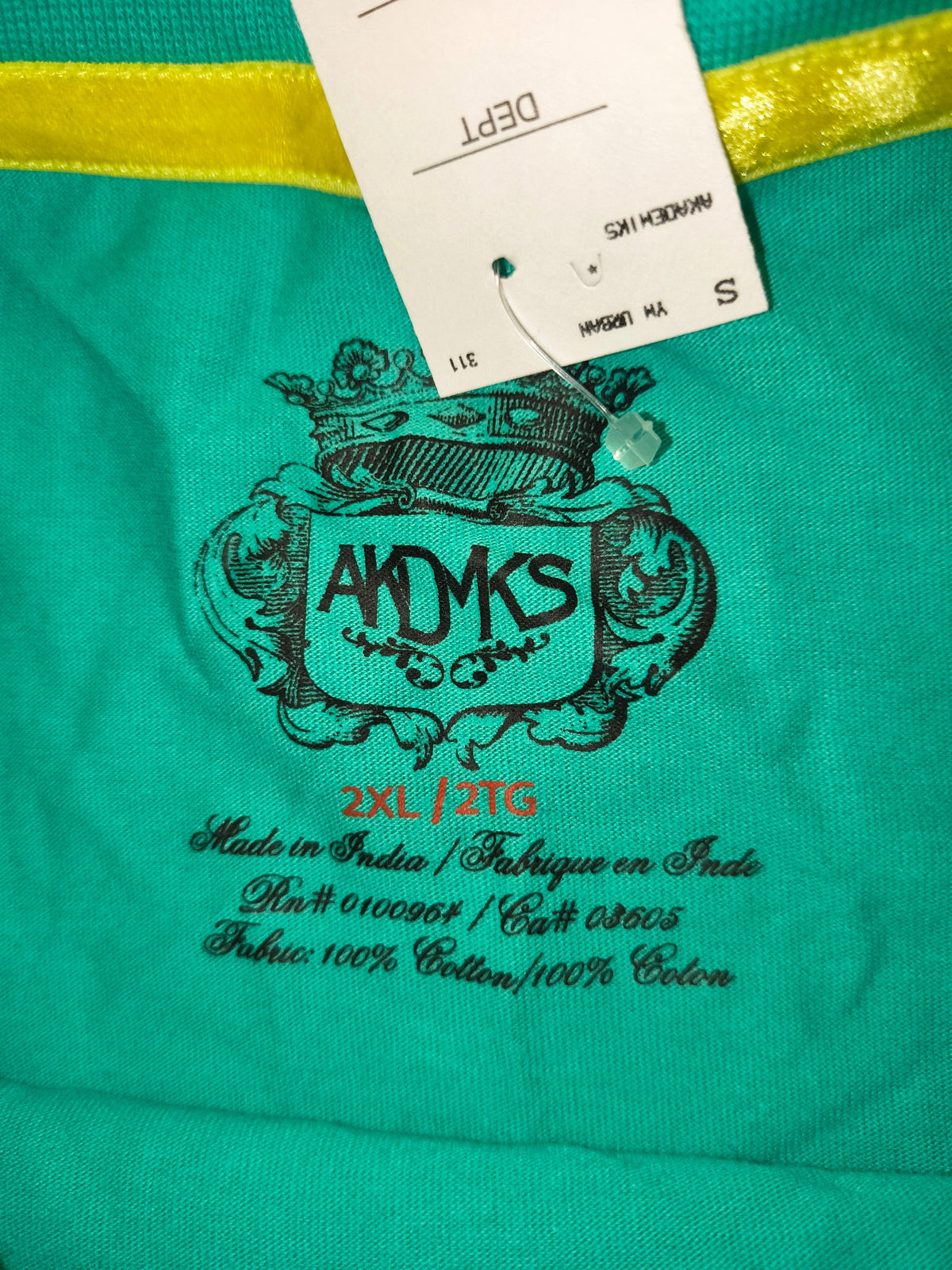 Awsum Thrift Akademiks teal cotton t-shirt interior neck label with size 2XL and brand crest logo