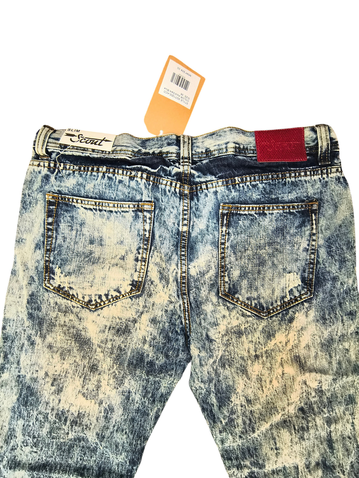 Awsum Thrift Scout Denim slim jeans in acid dark blue wash with red faux leather back patch and original tags