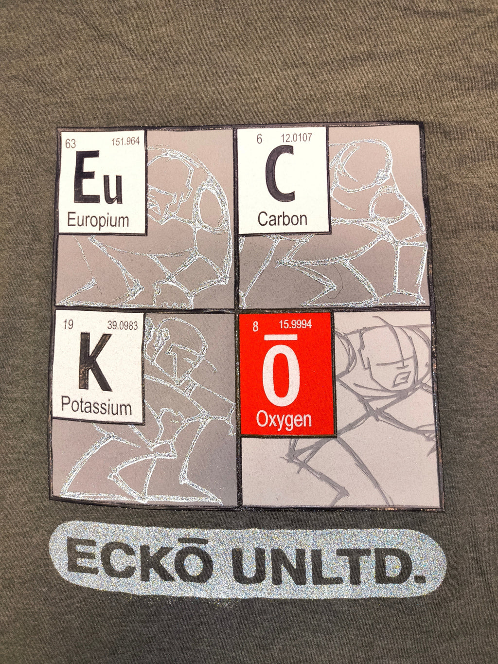 Awsum Thrift Ecko Unltd periodic table graphic print featuring Eu, C, K, and O elements on a heather gray shirt