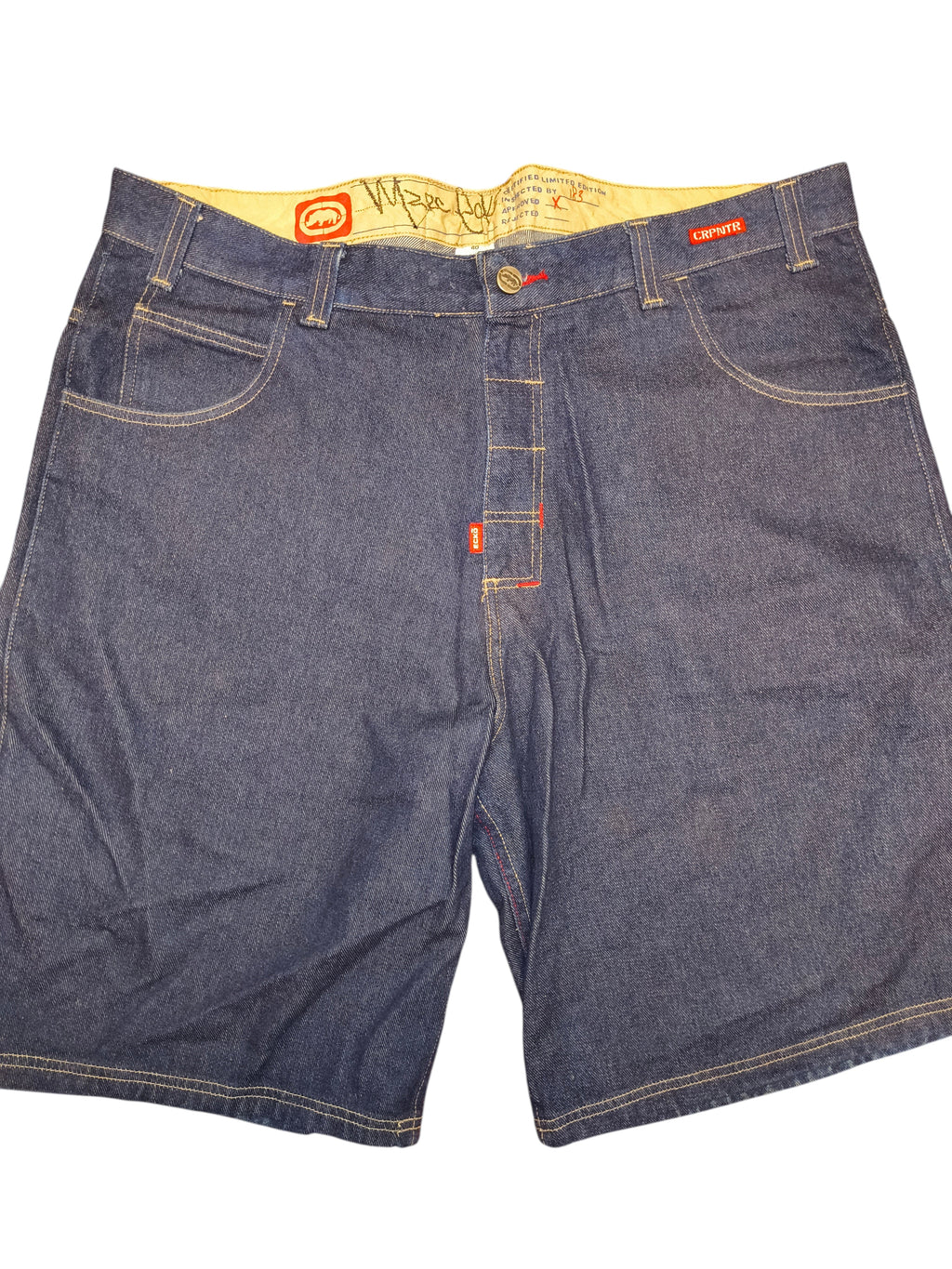 Awsum Thrift Ecko dark wash denim shorts with contrast stitching and branded interior waistband detail