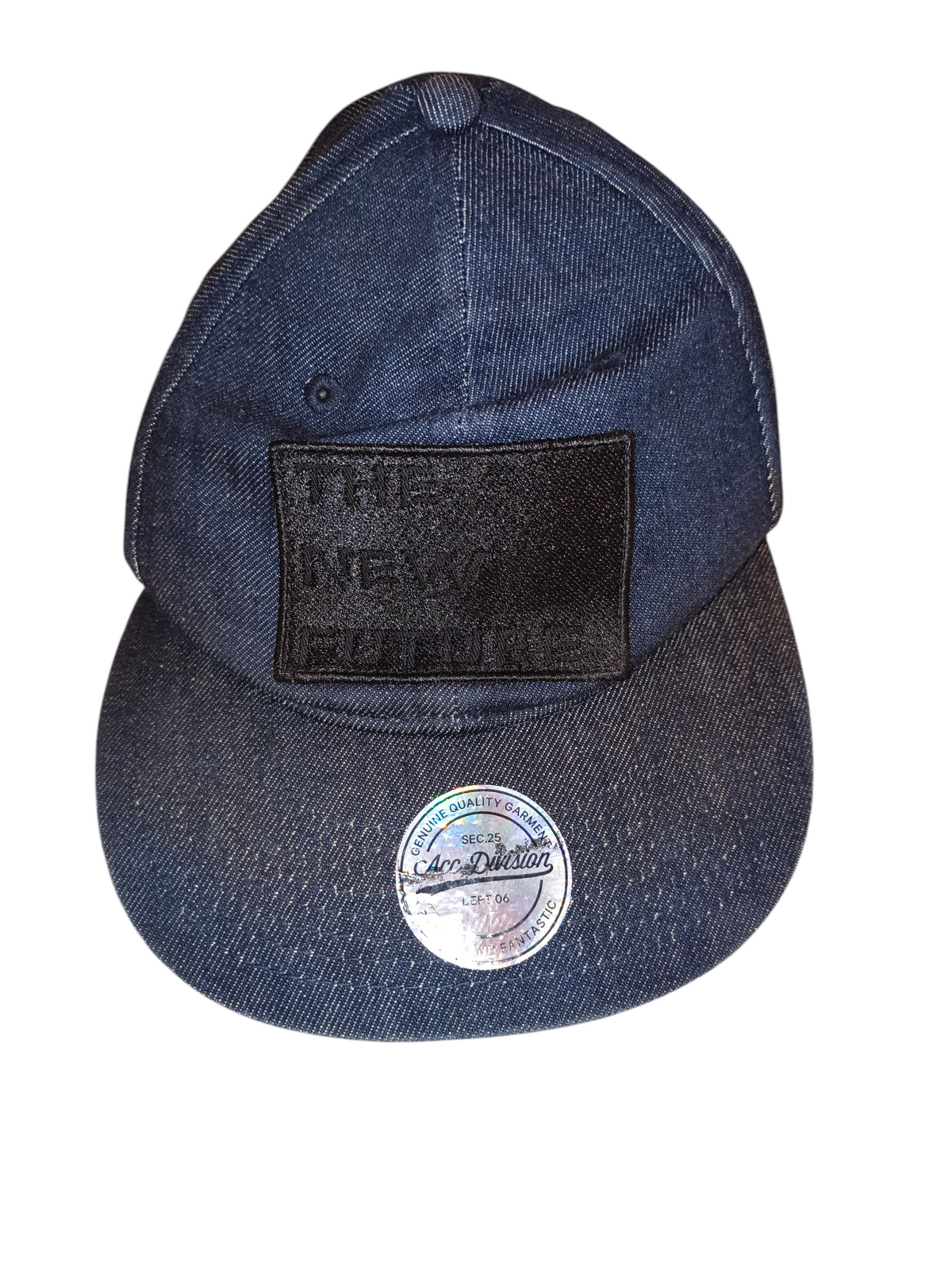 Awsum Thrift H&M blue denim snapback hat with black The New Future embroidered patch and flat visor