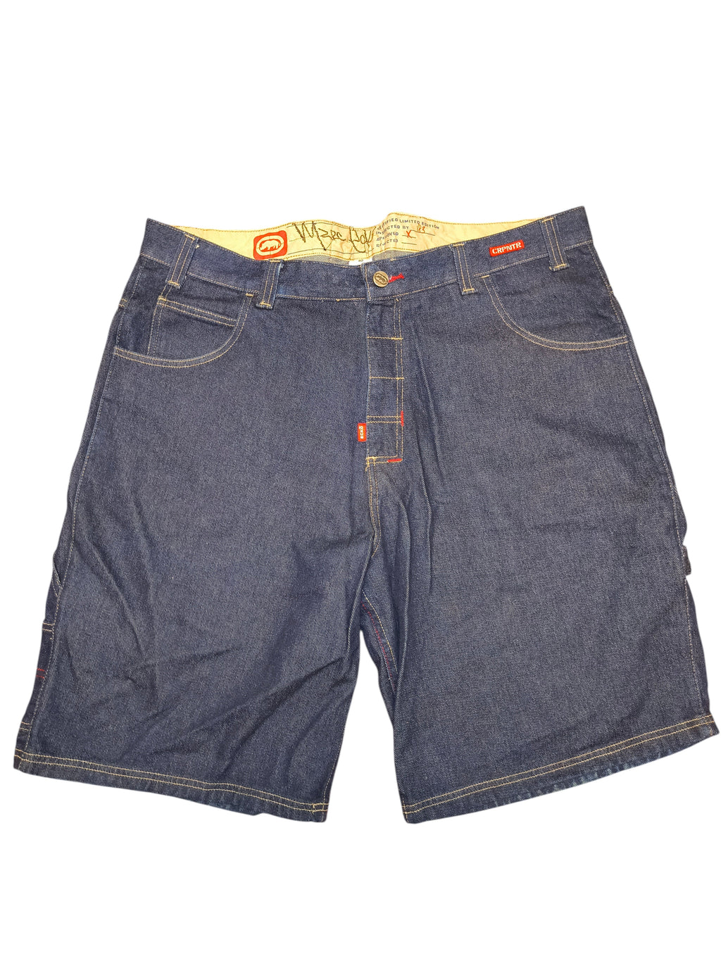 Awsum Thrift Ecko dark wash denim shorts with contrast stitching and branded interior waistband
